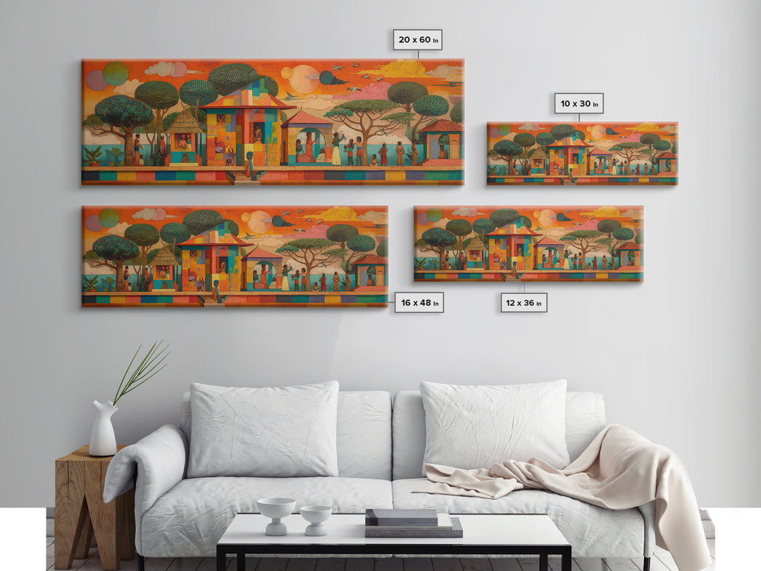 Modern African Village Framed Canvas Print, Sunset Trees And Colorful Homes, Afrocentric Landscape Decor, Cultural Wall Art