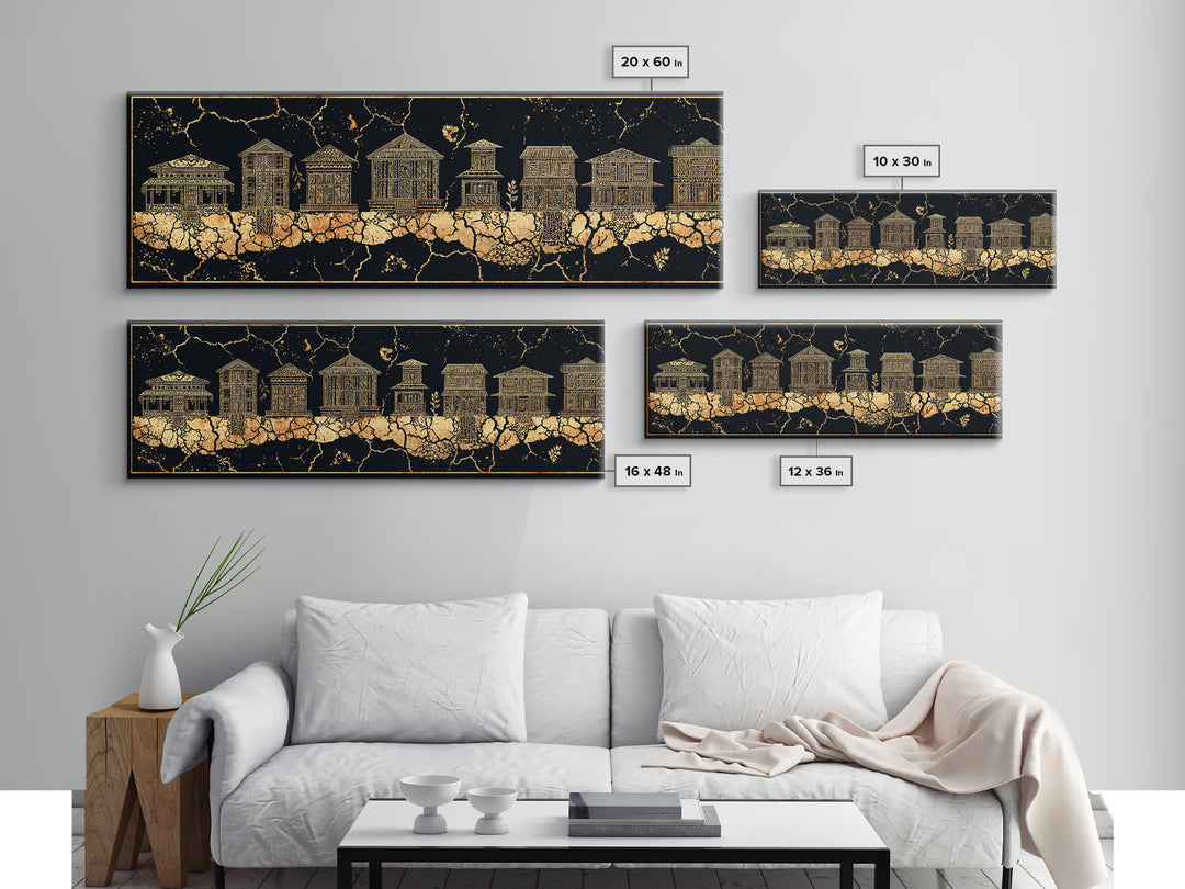 Gold African Village Wall Art, Black Crackle Line Houses, Tribal Architecture Print, Luxury Afrocentric Statement Decor Gift