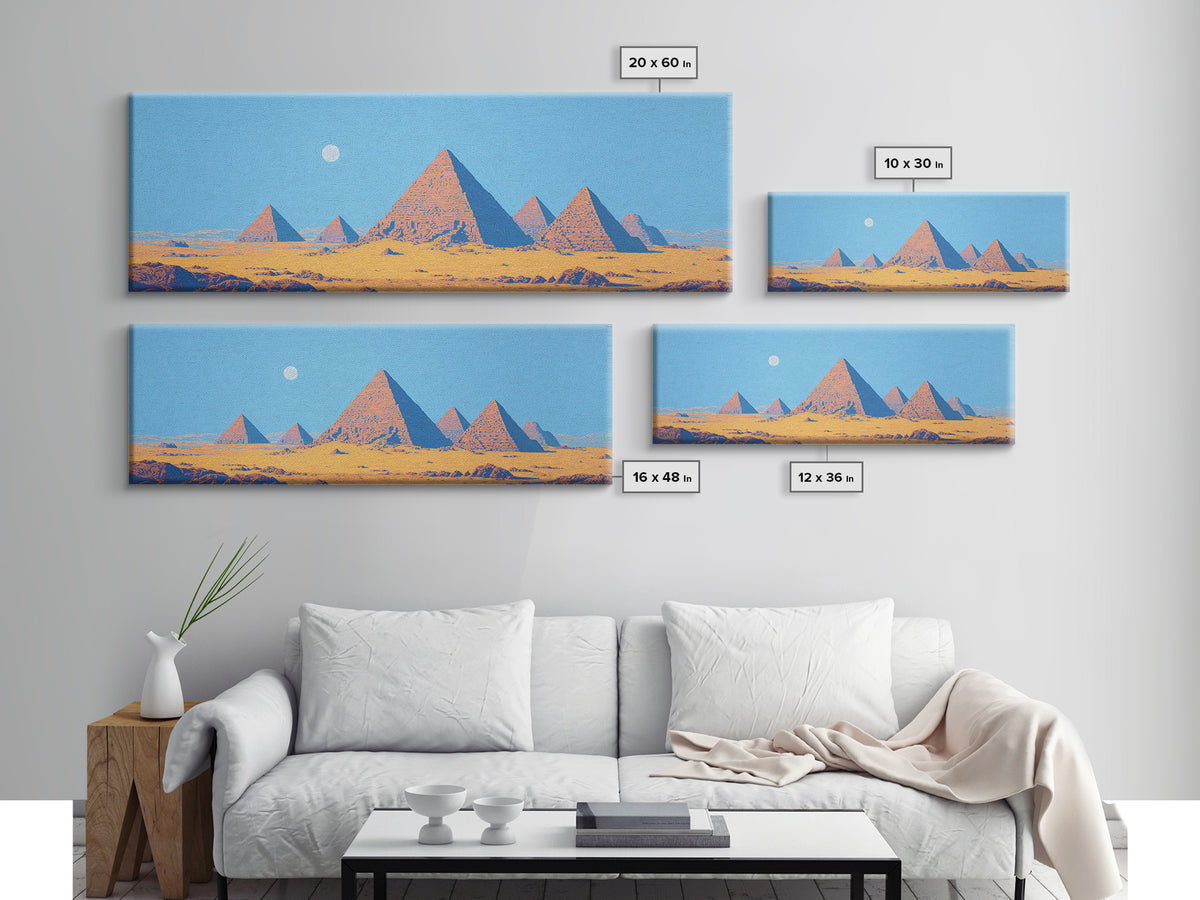 Blue Sky Egyptian Pyramids Moon Wall Art, African Landscape Canvas Print, Desert Travel Poster, Minimalist Cultural Decor