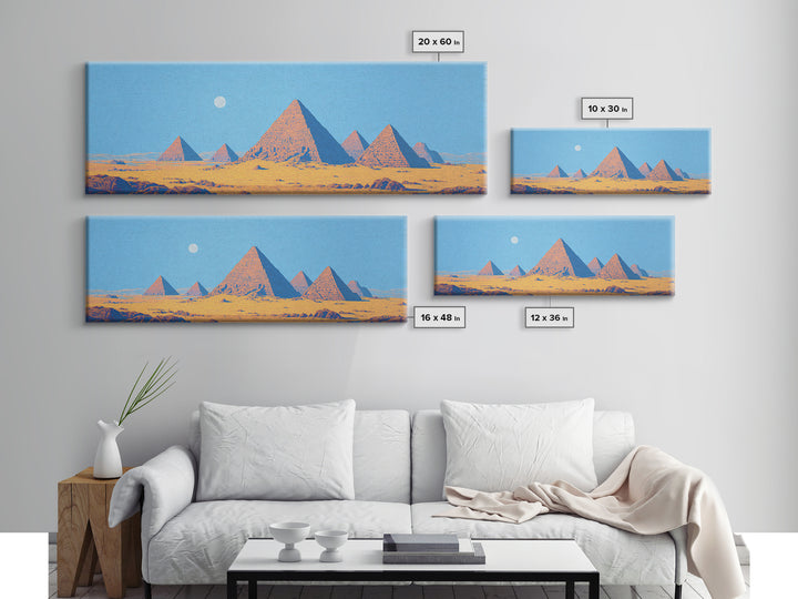 Blue Sky Egyptian Pyramids Moon Wall Art, African Landscape Canvas Print, Desert Travel Poster, Minimalist Cultural Decor