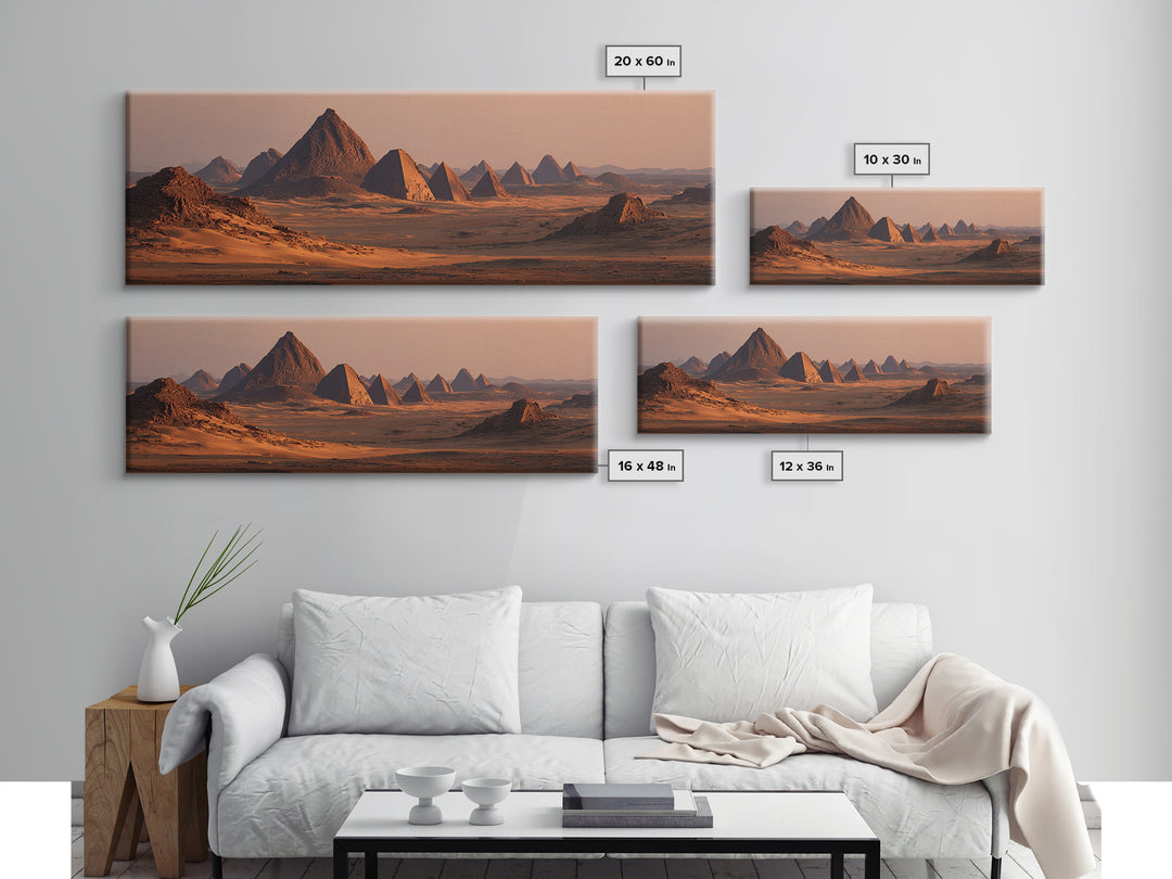 Sunset Desert Pyramids Panorama Wall Art, African Egyptian Art Print, Ancient African Landscape, Earth Tone Home Decor Gift