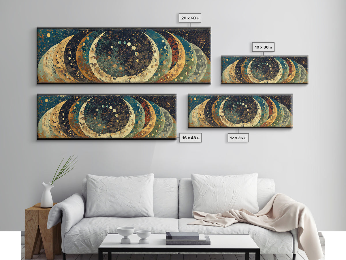 Layered Crescent Moon Abstract Wall Art, Mystical Wall Art, Boho African Inspired Canvas Print, Teal Gold Home Decor Gift