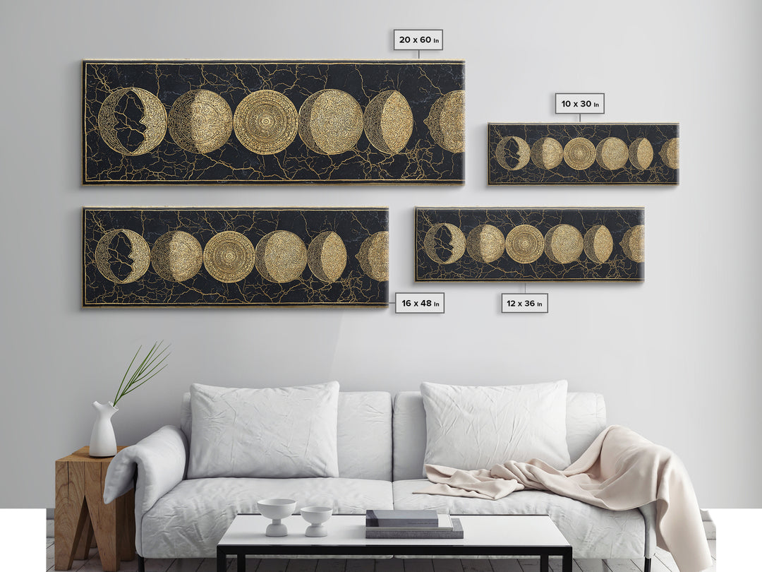 Gold Moon Phase Celestial Wall Art, Black And Gold Art, Spiritual Wall Decor, Mystical Canvas Print, Elegant Home Decor Gift