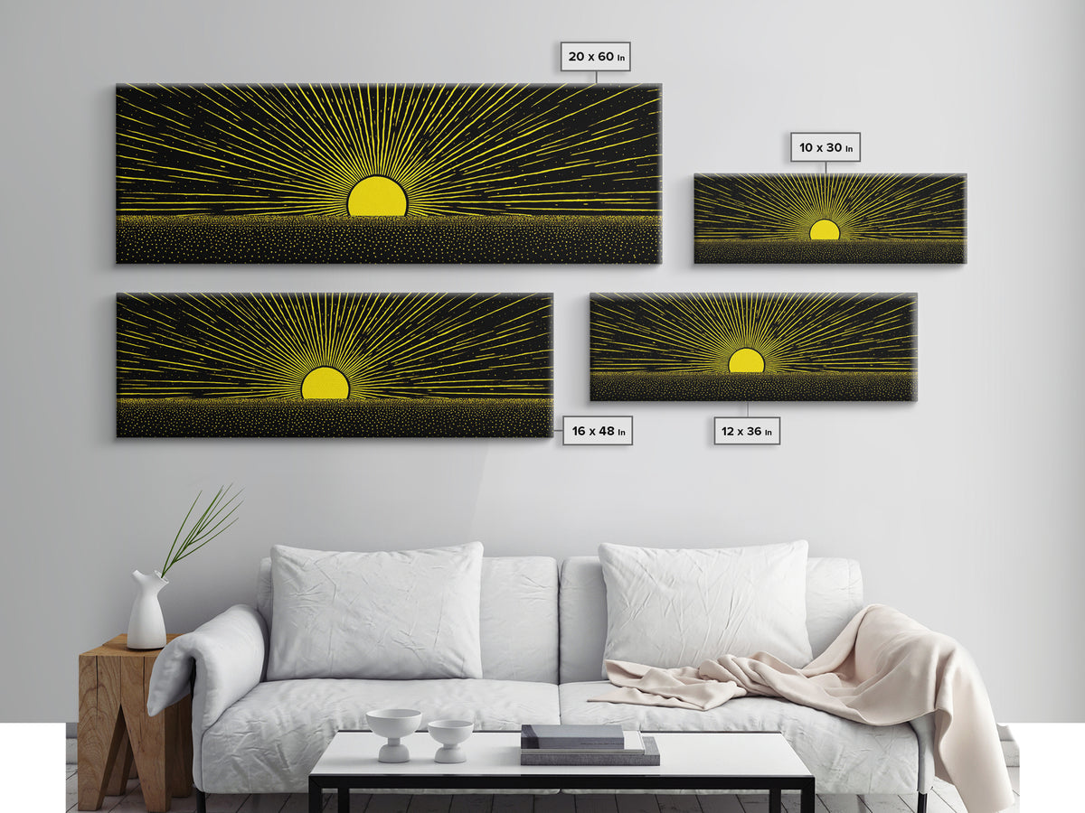 Minimal Golden Sunrise Rays Wall Art, Black And Gold Abstract Landscape, Modern Canvas Decor For Office Or Living Room Gift