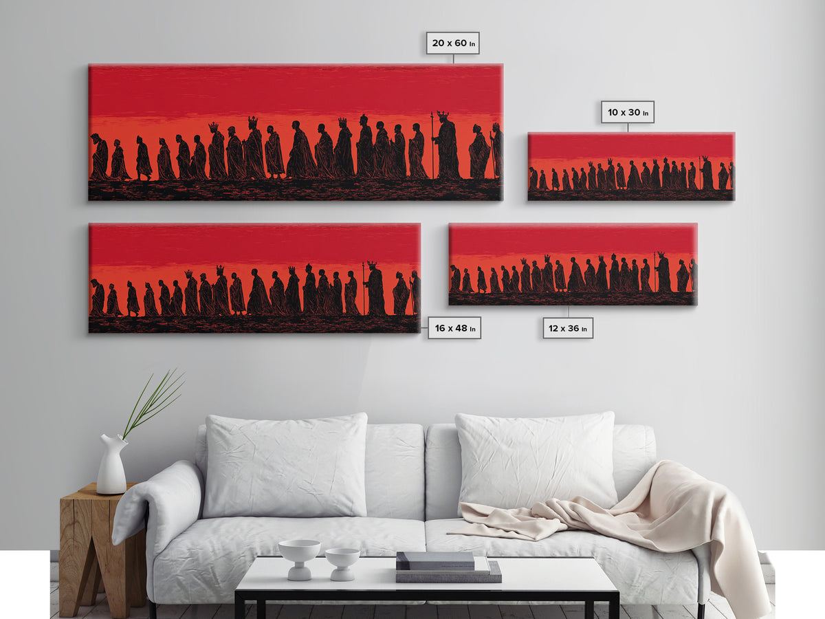 Red Sunset African Procession Wall Art, Tribal Silhouette Landscape, Panoramic Black Culture Home Decor For Living Room Gift