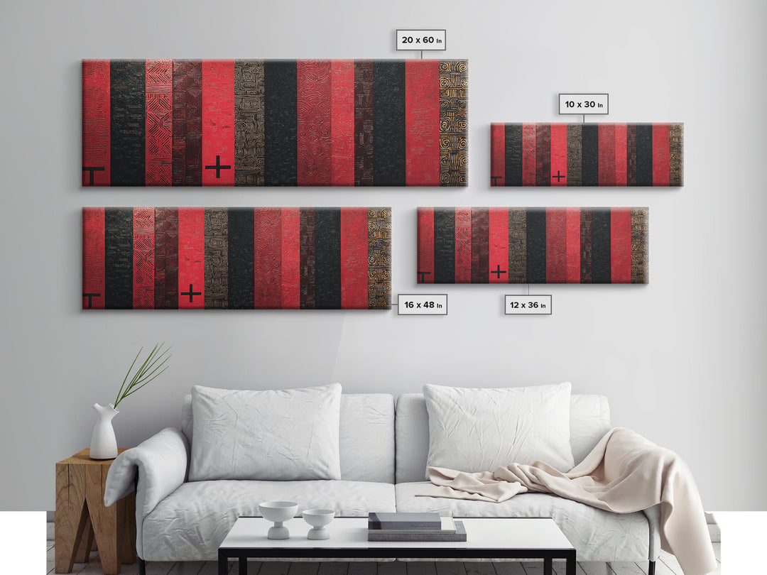 Red Black Gold African Fabric Wall Art, Tribal Textile Pattern Canvas Print, Cultural Geometric Decor For Modern Home Gift
