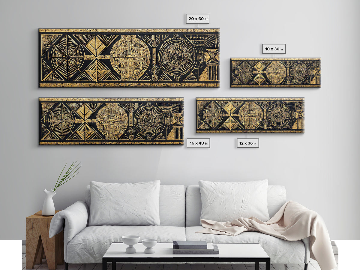 Black Gold Tribal Geometry Wall Art, African Patterns Painting, Kuba Inspired Textile Art, Luxury Canvas Decor For Home Gift