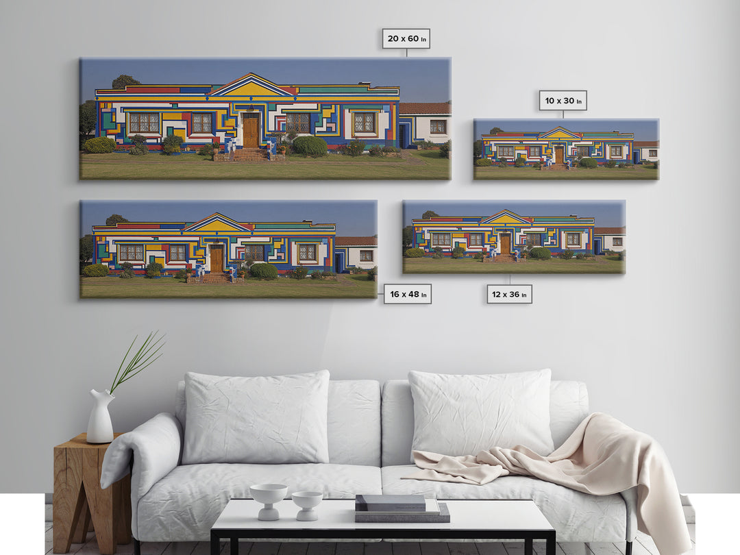 Bright Ndebele House Canvas Print, South African Art Decor, Geometric Pattern Facade, Cultural Wall Decor For Living Room
