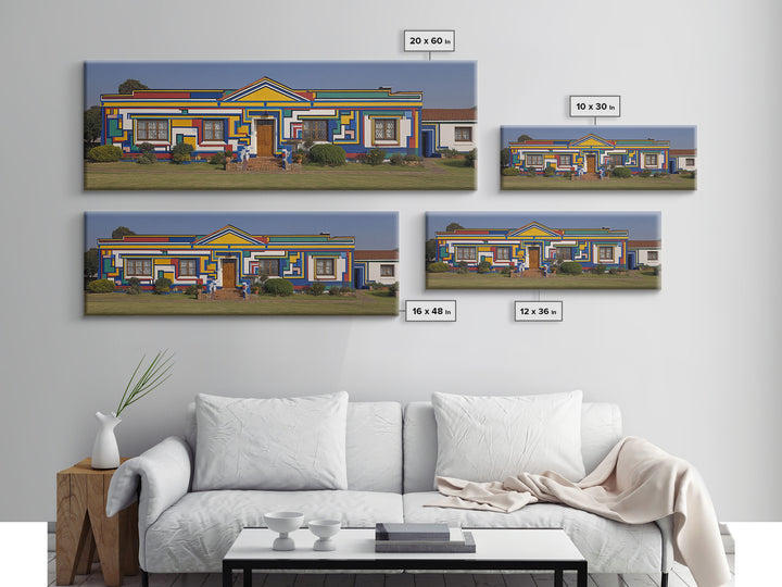Bright Ndebele House Canvas Print, South African Art Decor, Geometric Pattern Facade, Cultural Wall Decor For Living Room