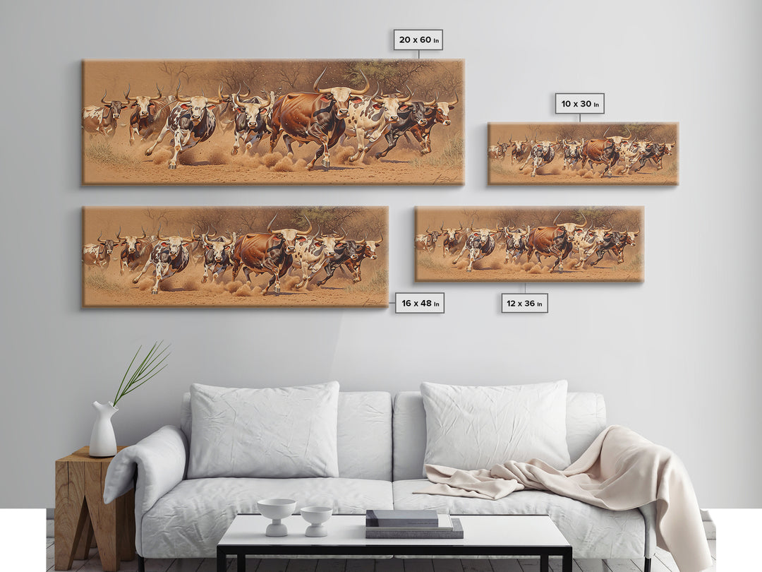 Charging African Cattle Herd Canvas Print, Safari Animal Wall Art, Rustic Ranch Decor, Brown Earth Tone Living Room Art Gift