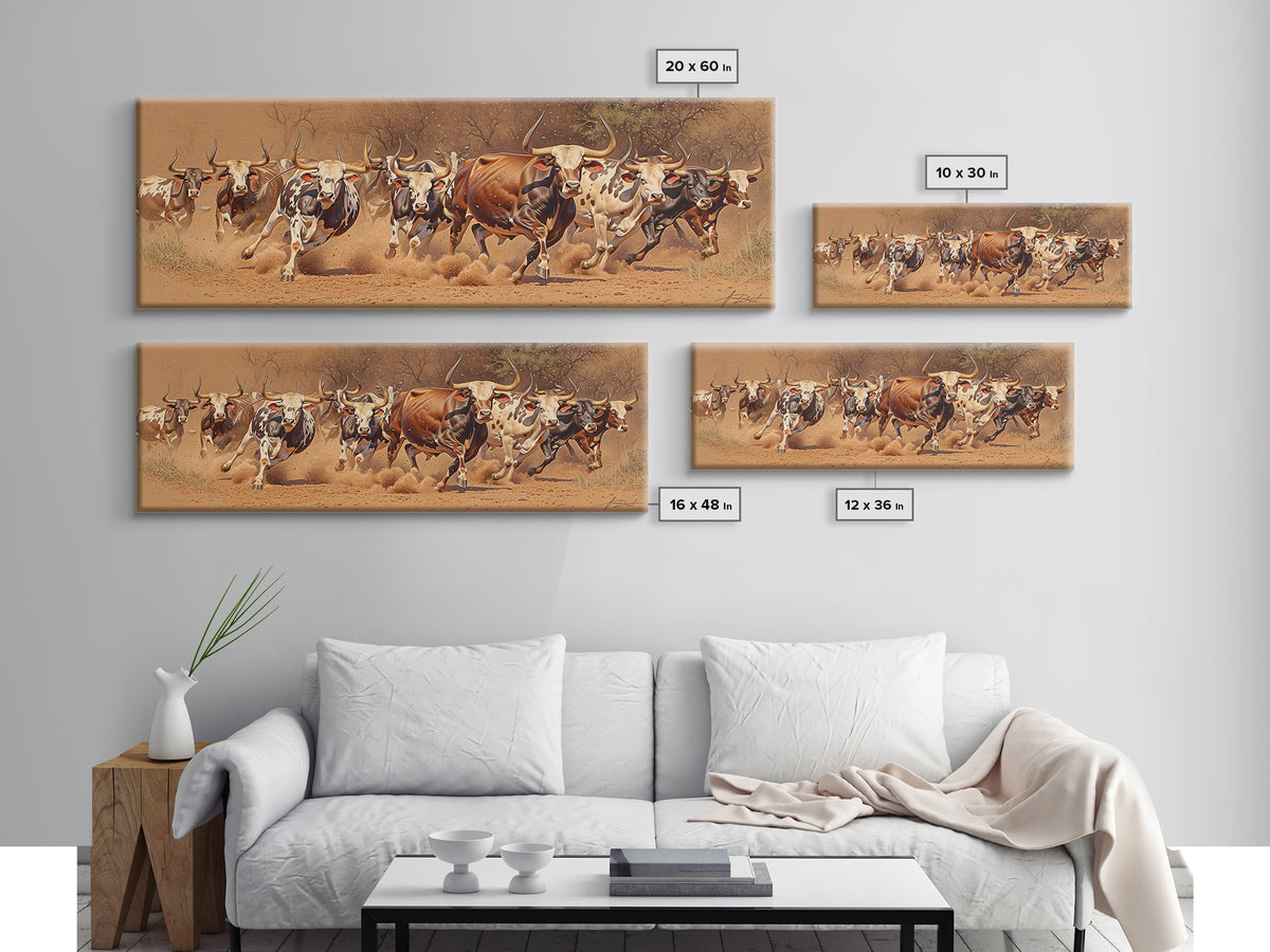 Charging African Cattle Herd Canvas Print, Safari Animal Wall Art, Rustic Ranch Decor, Brown Earth Tone Living Room Art Gift