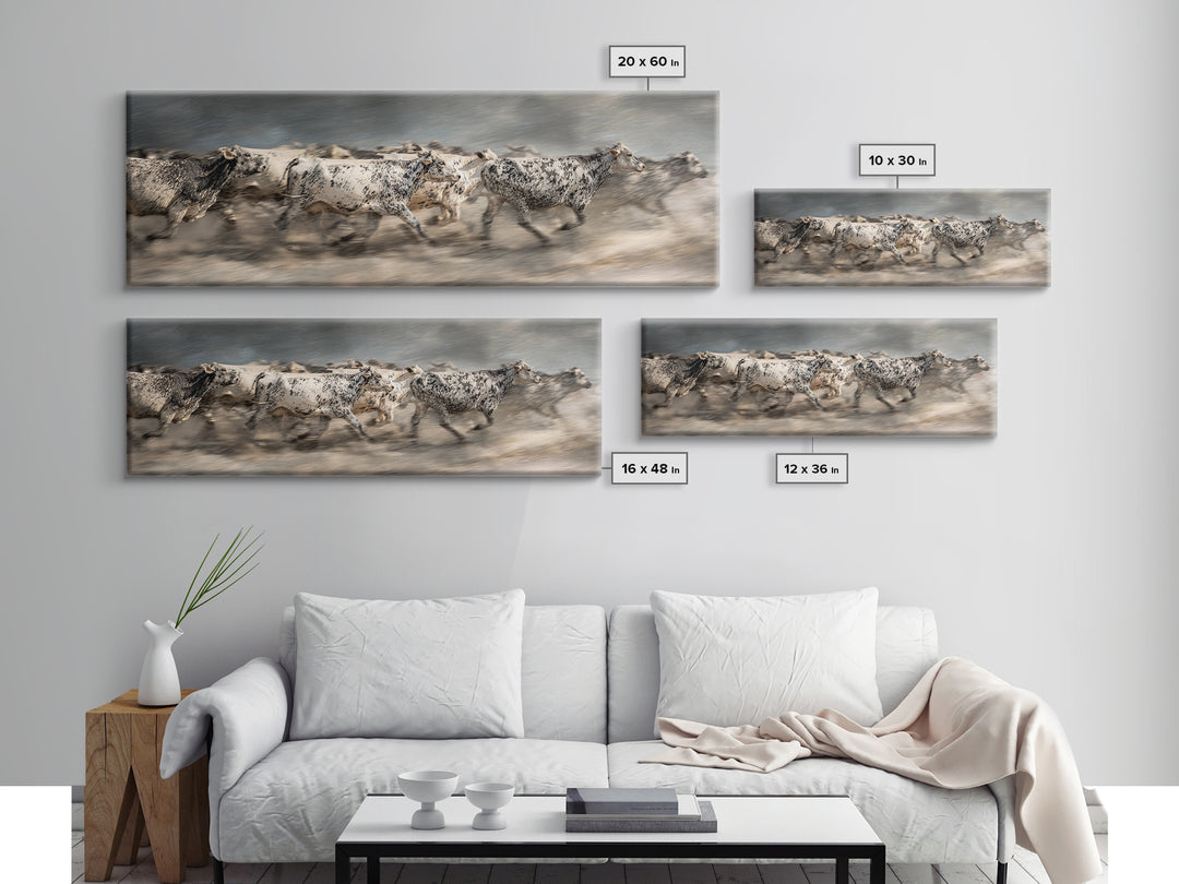 Running Speckled Cattle Wall Art, African Safari Art Print, Neutral Farmhouse Decor, Dramatic Animal Canvas For Home Decor
