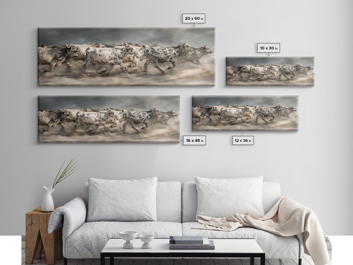 Running Speckled Cattle Wall Art, African Safari Art Print, Neutral Farmhouse Decor, Dramatic Animal Canvas For Home Decor