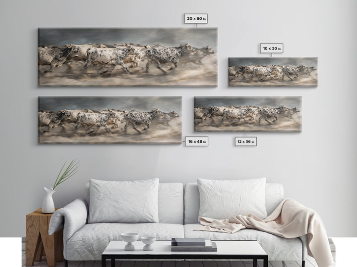 Running Speckled Cattle Wall Art, African Safari Art Print, Neutral Farmhouse Decor, Dramatic Animal Canvas For Home Decor