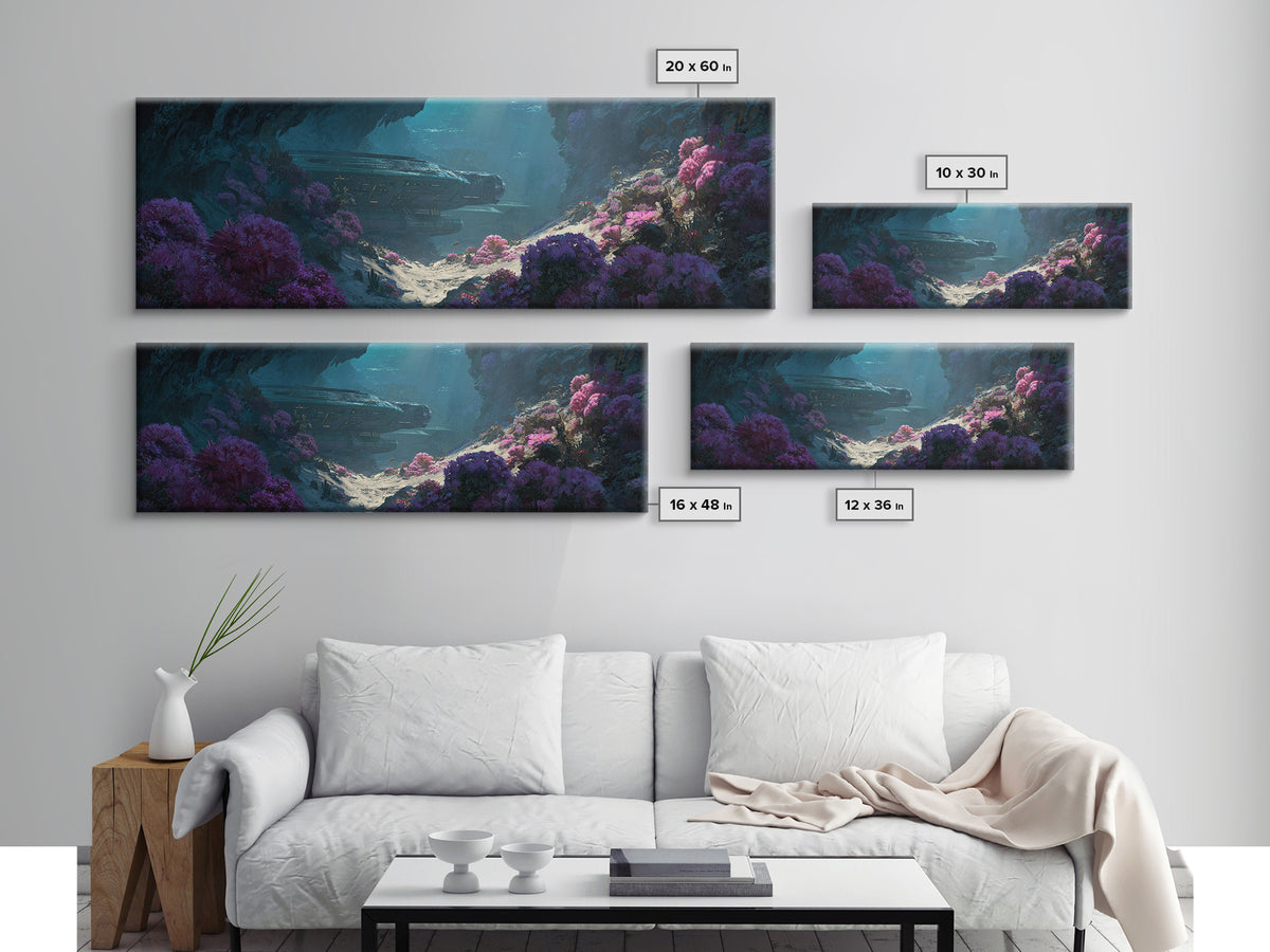 Sunlit Alien Cave Landscape Wall Art, Dreamy Floral Digital Art, Sci Fi Nature Scene, Unique Canvas Print For Modern Decor