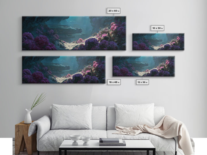 Sunlit Alien Cave Landscape Wall Art, Dreamy Floral Digital Art, Sci Fi Nature Scene, Unique Canvas Print For Modern Decor