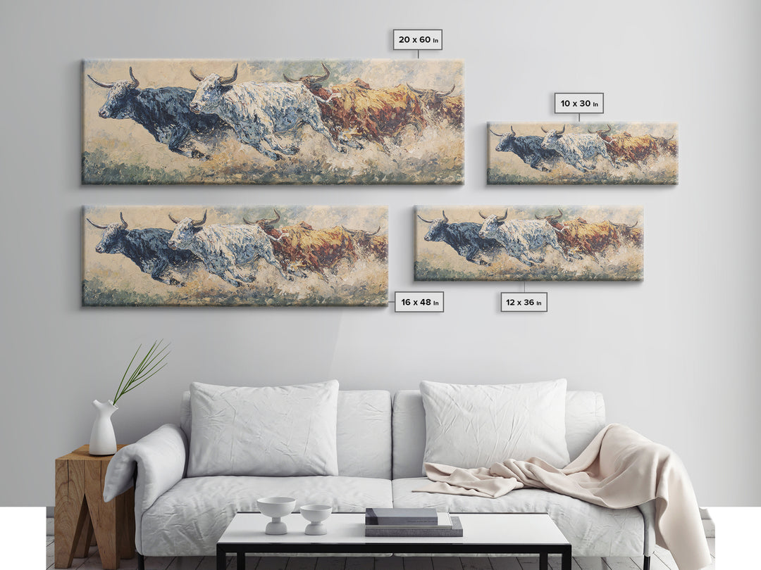 Three Running Bulls Framed Canvas Print, Textured Animal Painting, Rustic Safari Wall Art, Earth Tone Decor For Living Room