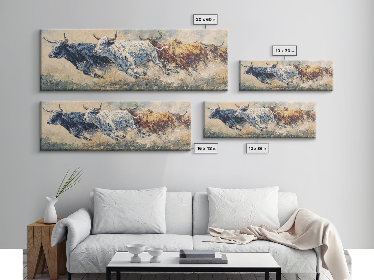 Three Running Bulls Framed Canvas Print, Textured Animal Painting, Rustic Safari Wall Art, Earth Tone Decor For Living Room