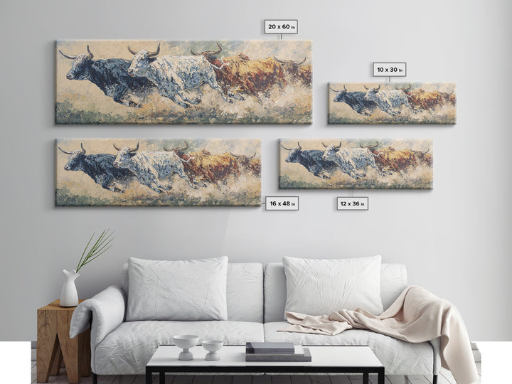 Three Running Bulls Framed Canvas Print, Textured Animal Painting, Rustic Safari Wall Art, Earth Tone Decor For Living Room