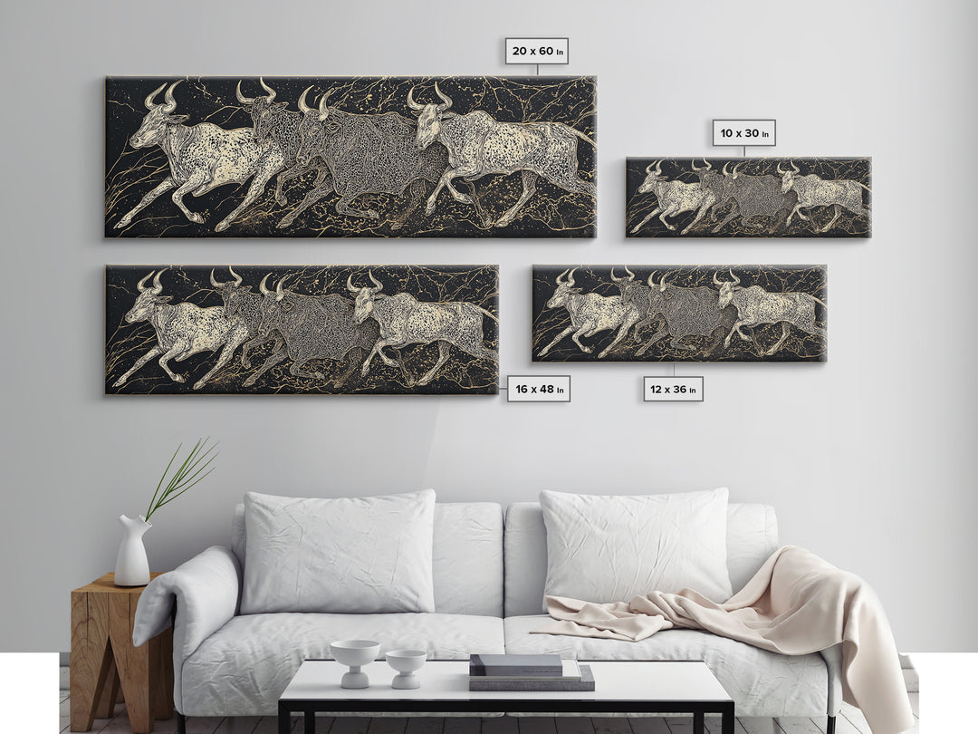 Black And Gold Longhorn Cattle Wall Art, Tribal Animal Print, Rustic Western Decor, Bold Textured Canvas Print For Home Decor