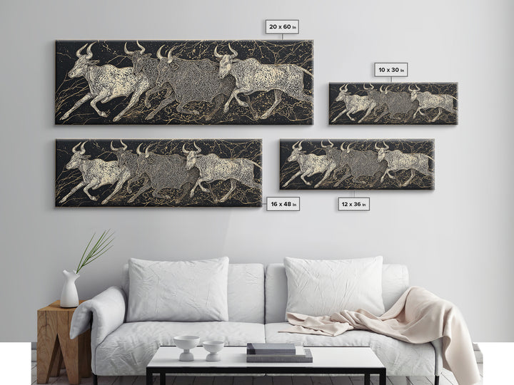 Black And Gold Longhorn Cattle Wall Art, Tribal Animal Print, Rustic Western Decor, Bold Textured Canvas Print For Home Decor