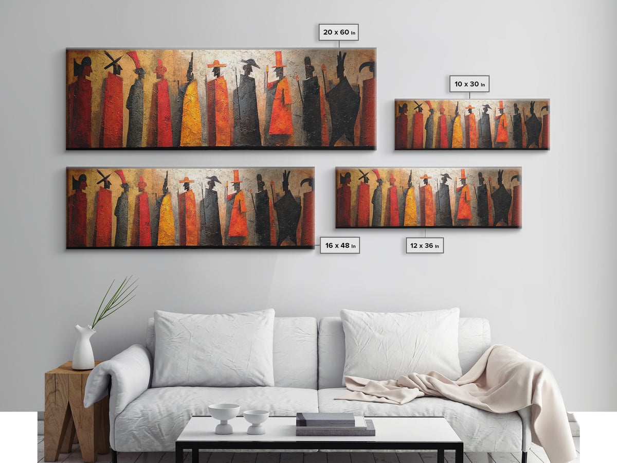 Tall Tribal Figures Framed Canvas Print, African Warrior Art, Afrocentric Wall Art, Cultural Home Decor, Bold Tribal Art Decor