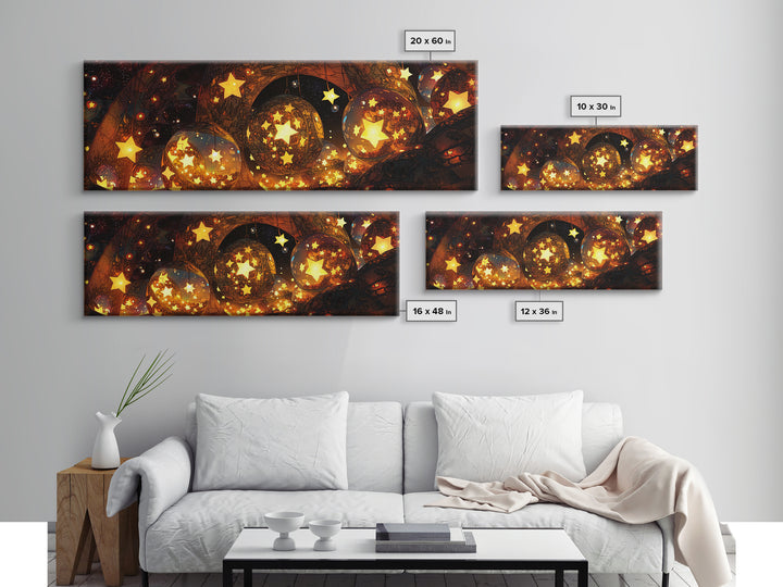 Glowing Star Orbs Canvas Print, Dreamy Wall Art, Black And Gold Art, Celestial Decor, Magical Bedroom Wall Decor, Unique Home Decor