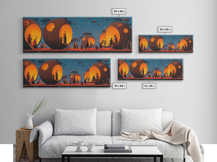 Glowing Spherical Village Canvas Print, African Inspired Wall Art, Orange Decor, Afrocentric Art, Culture Wall Art, Unique Canvas