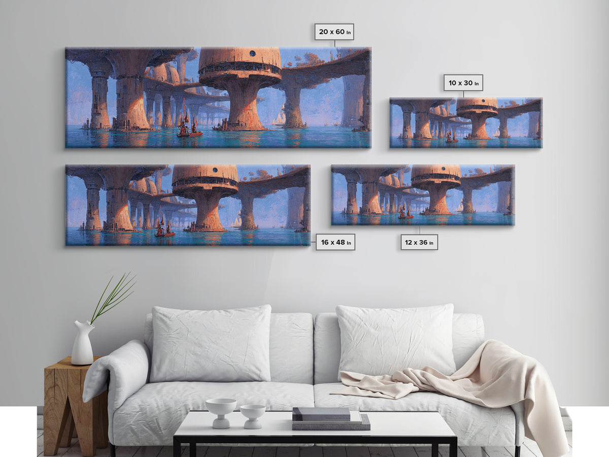 Futuristic Harbor City Canvas Print, Blue Wall Art, Modern Canvas Art, Large Wall Art, Fantasy Landscape Decor, Office Decor