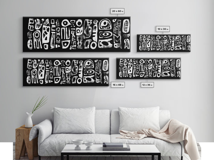 White Abstract African Mask Symbols Canvas Print, Black Tribal Pattern Wall Decor, Afrocentric Modern Art, Ethnic Art Print