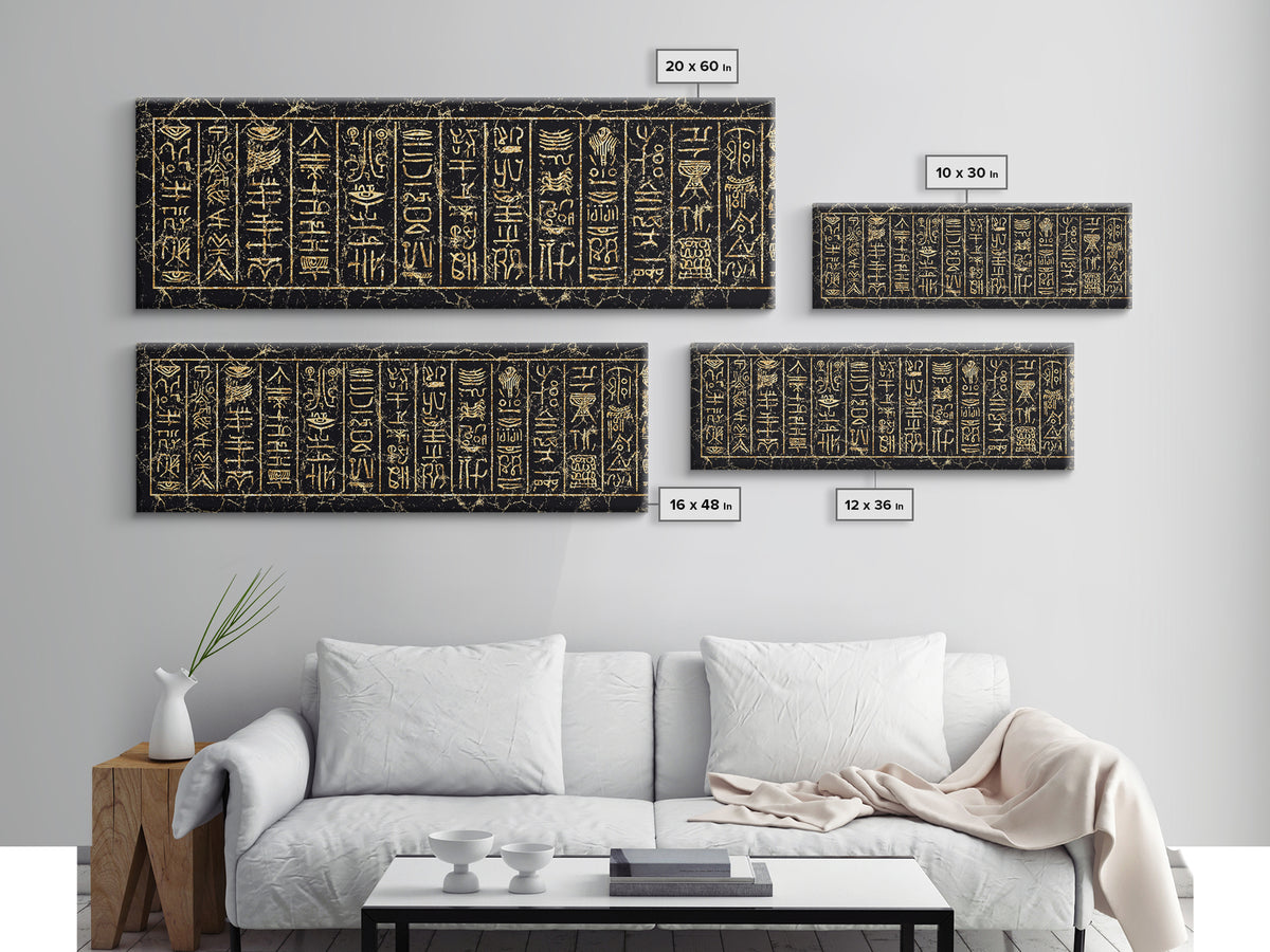 Gold Ancient African Hieroglyph Panels Wall Art, Egyptian Tribal Canvas Decor, Black And Gold Cultural Art Print, Home Decor