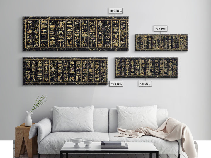 Gold Ancient African Hieroglyph Panels Wall Art, Egyptian Tribal Canvas Decor, Black And Gold Cultural Art Print, Home Decor