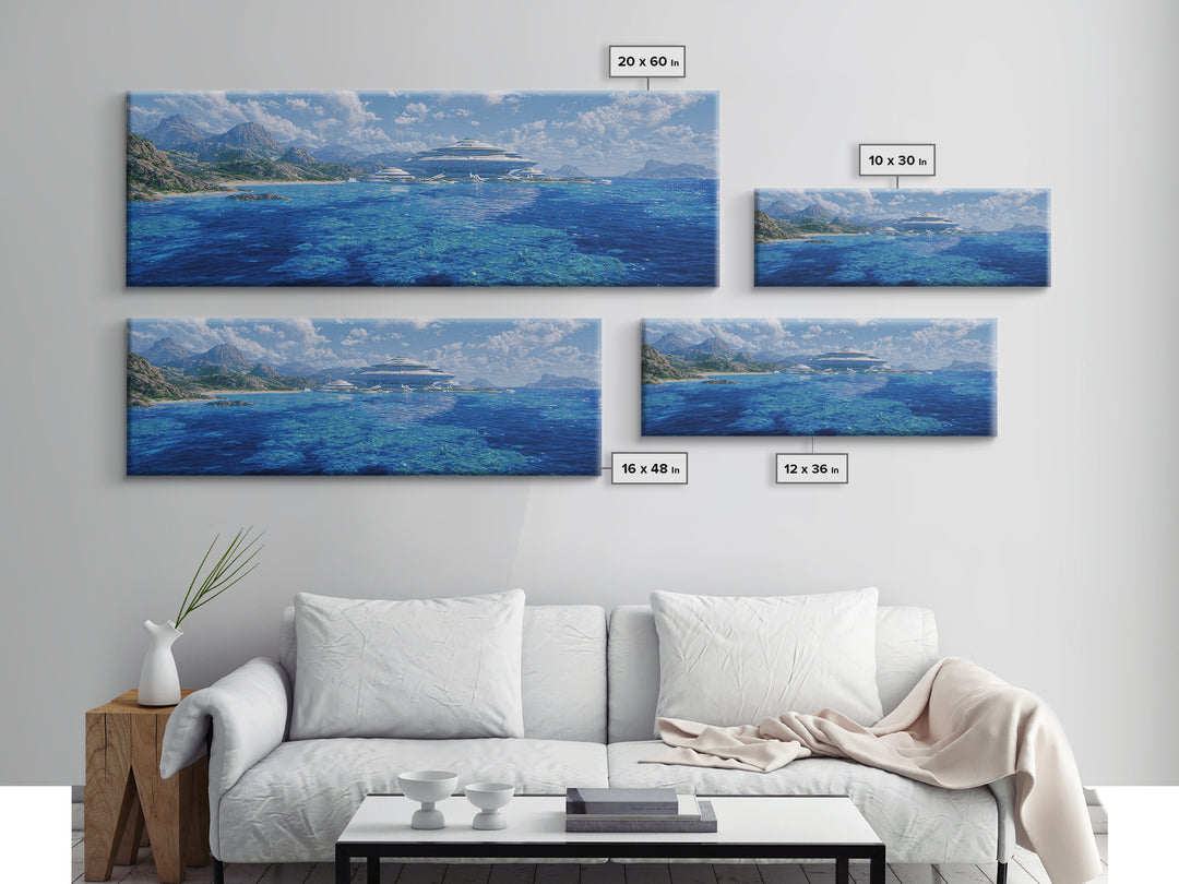 Blue Mediterranean Coast Futuristic Yacht Wall Art, Ocean Landscape Canvas Decor, Luxury Travel Poster, Modern Home Art Print