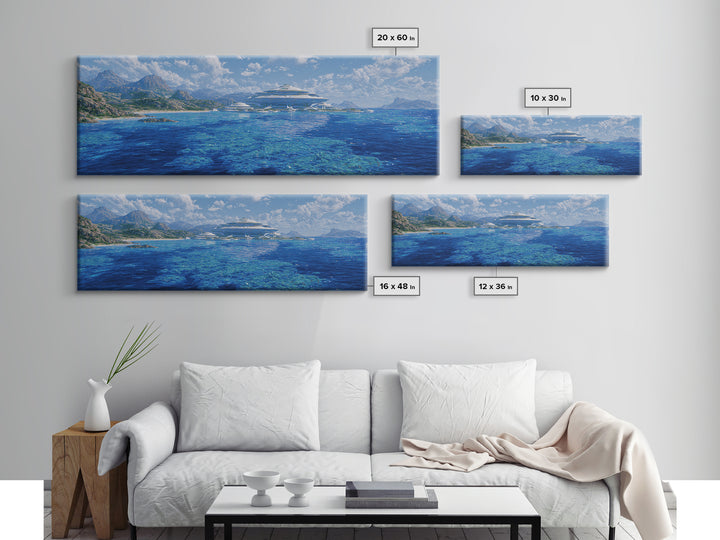 Blue Mediterranean Coast Futuristic Yacht Wall Art, Ocean Landscape Canvas Decor, Luxury Travel Poster, Modern Home Art Print