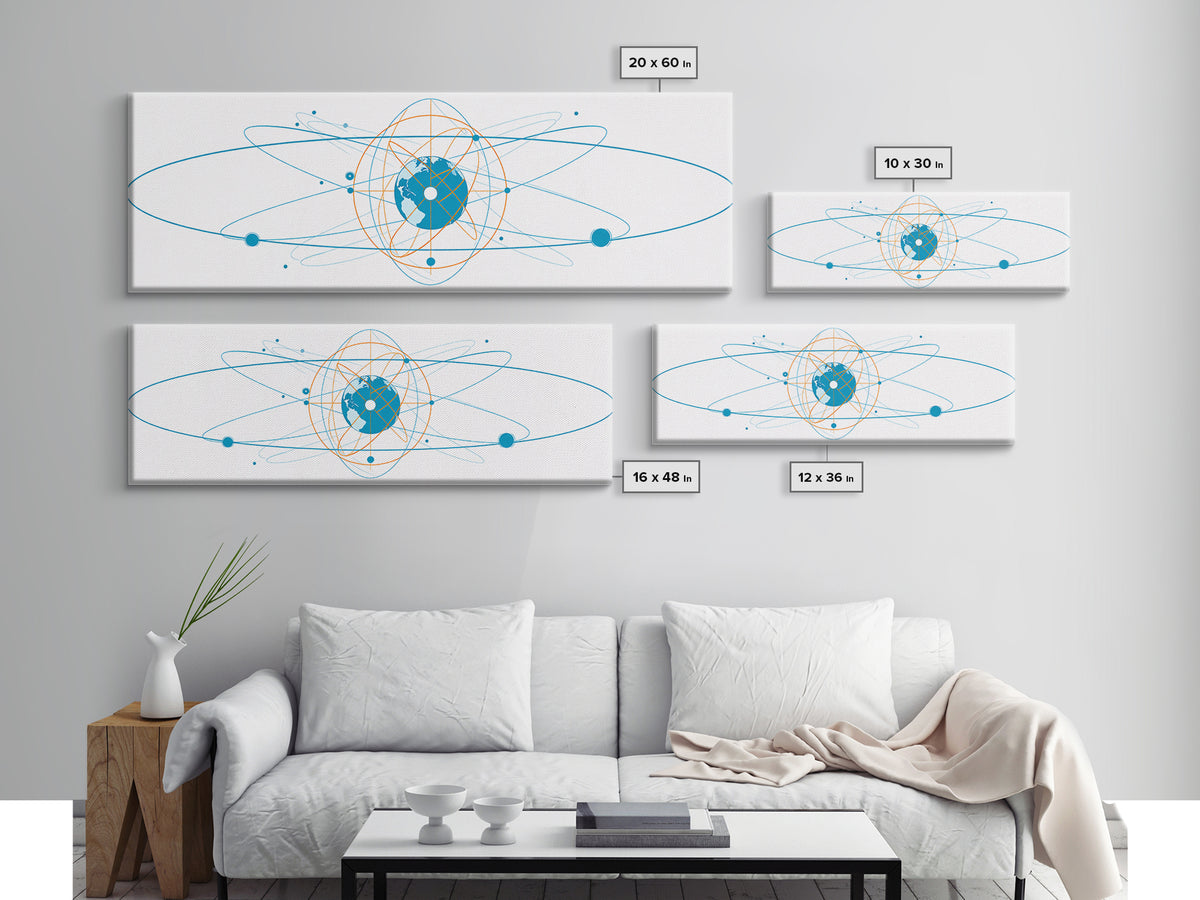 Blue Orange Atomic Globe Orbit Canvas Print, Modern Science Wall Art, Geometric Digital Art, Futuristic Office Decor Print