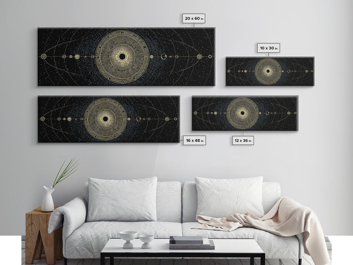 Golden Sacred Geometry Solar System Canvas Print, Celestial Mandala Wall Decor, Luxury Astronomy Poster, Boho Home Decor