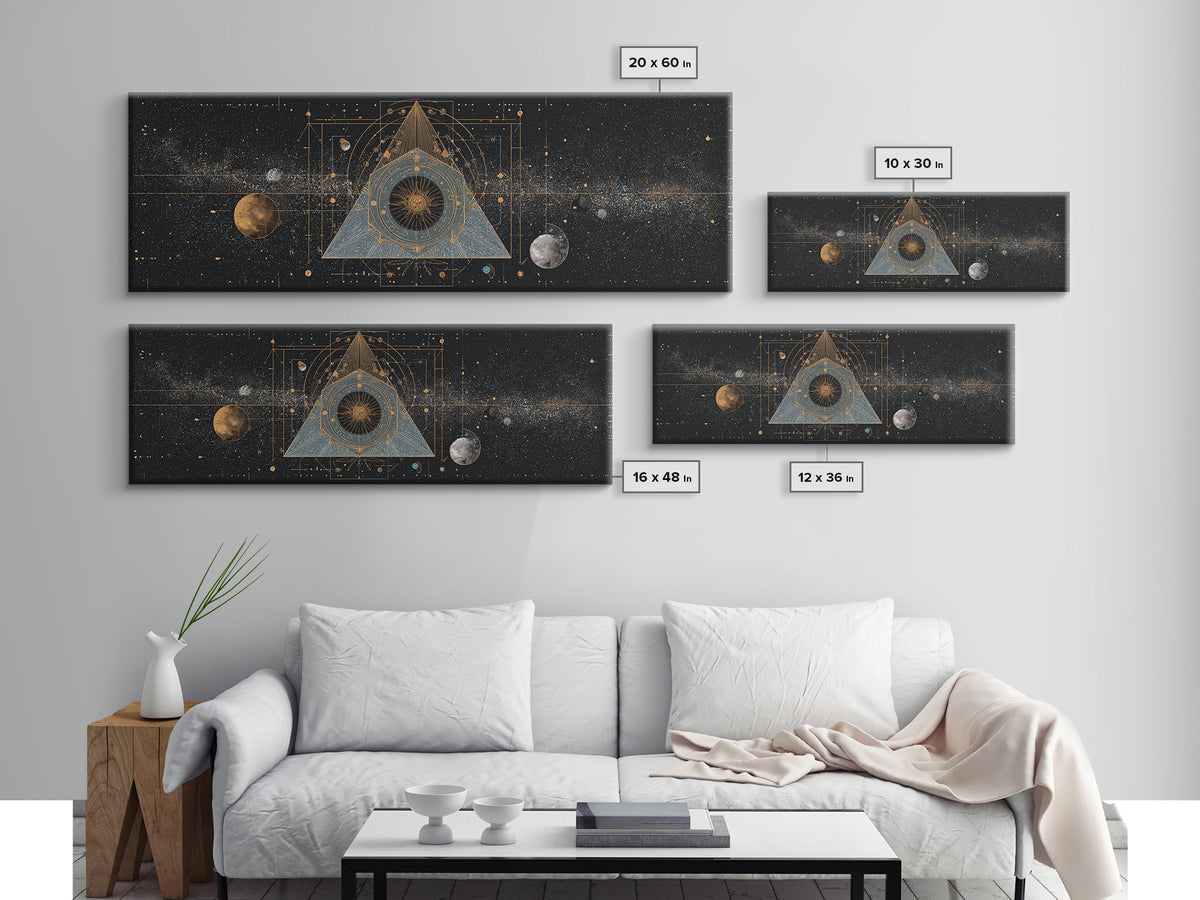 Mystic Planetary Triangle Framed Canvas Print, Gold Celestial Space Wall Art, Sacred Geometry Poster, Modern Home Decor Gift