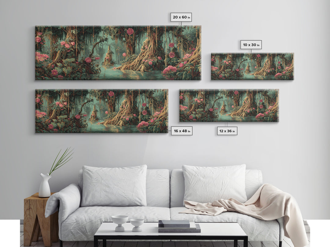 Enchanted Swamp With Pink Blooms Framed Canvas Print, Mystical Jungle Wall Art, Floral Nature Scene, Boho Home Decor Gift