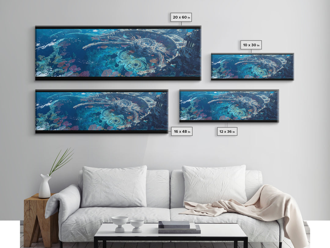 Futuristic Underwater Reef City Canvas Print, Blue Ocean Sci Fi Wall Art, Coral Seascape Poster, Unique Wall Decor Gift Idea
