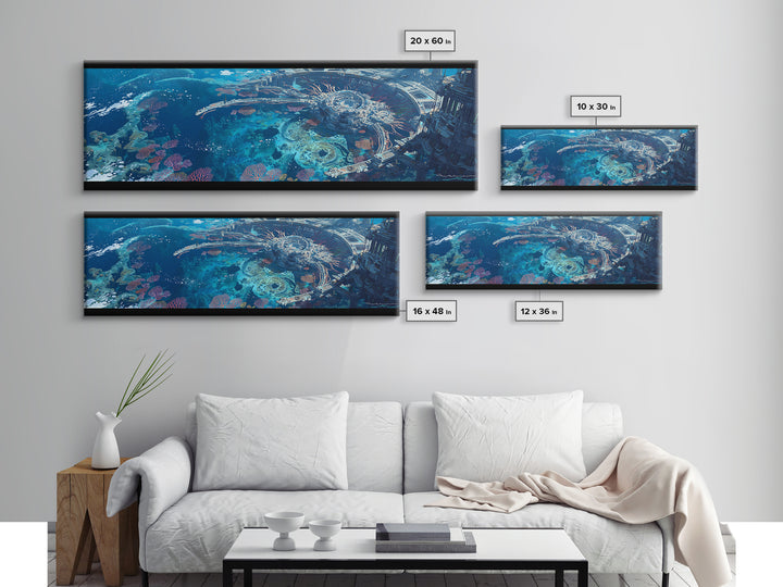 Futuristic Underwater Reef City Canvas Print, Blue Ocean Sci Fi Wall Art, Coral Seascape Poster, Unique Wall Decor Gift Idea