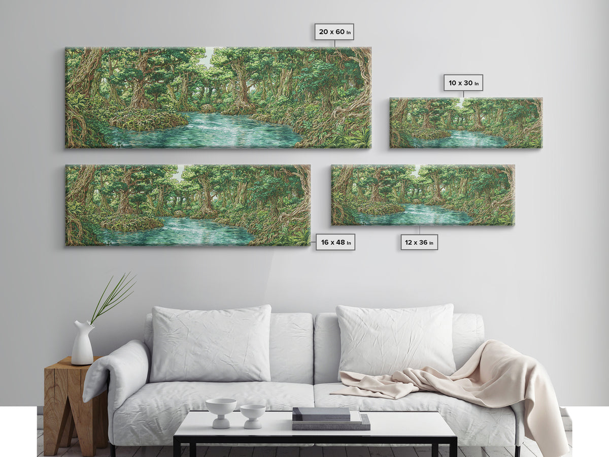 Turquoise River Through Lush African Jungle Canvas Print, Nature Scene Art, Safari Wall Decor, Green Boho Living Room Art