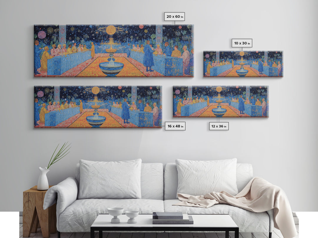 Celestial Banquet And Fountain Garden Canvas Print, African Inspired Wall Art, Dreamy Blue Celebration Decor Gift For Home
