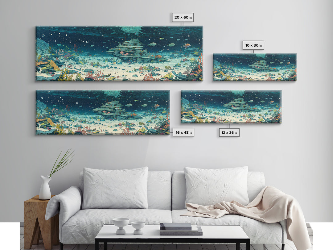 Underwater Coral Reef City With Fish Canvas Print, Ocean Wall Art, Beach Art, Blue Nature Scene, Coastal Home Decor Gift