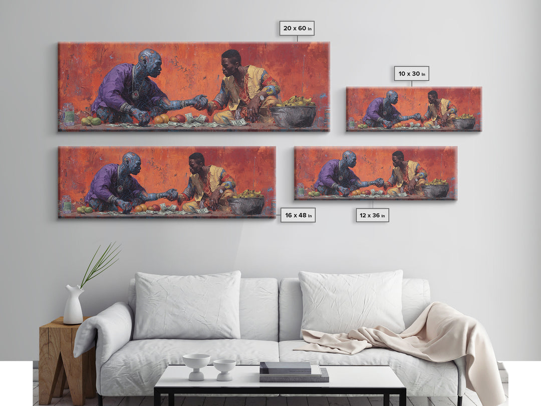 African Market Handshake Scene Canvas Print, African Wall Art, Cultural Art, Orange Painting, Afrocentric Home Decor Gift
