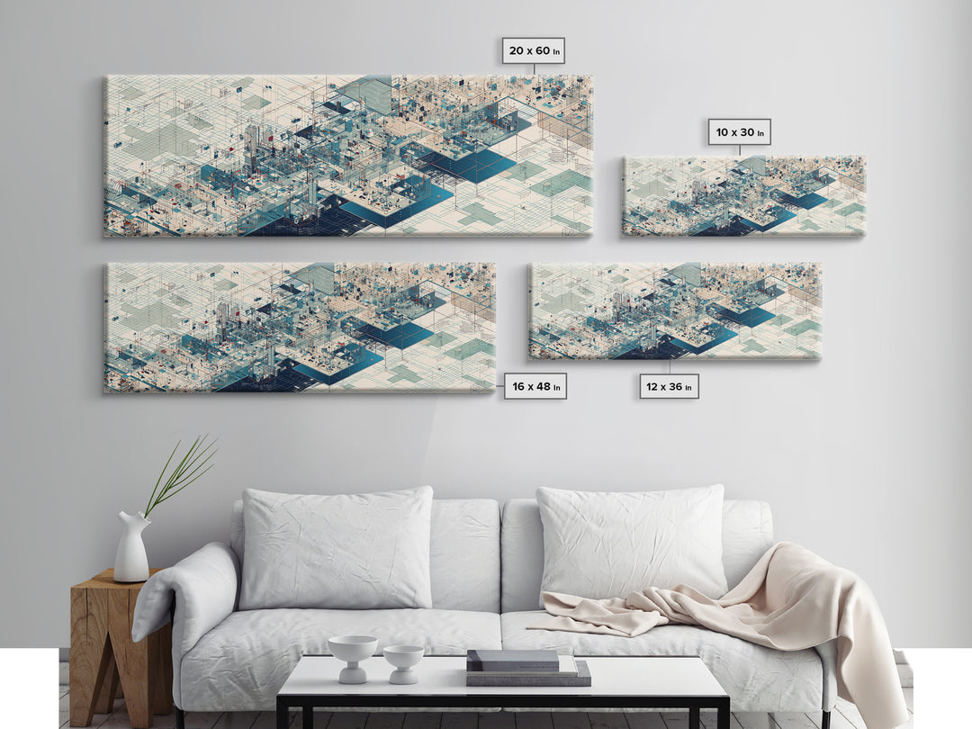 Isometric Futuristic City Grid Wall Art, Digital Art Canvas Print, Modern Office Decor, Geometric Wall Art, Tech Blue Art