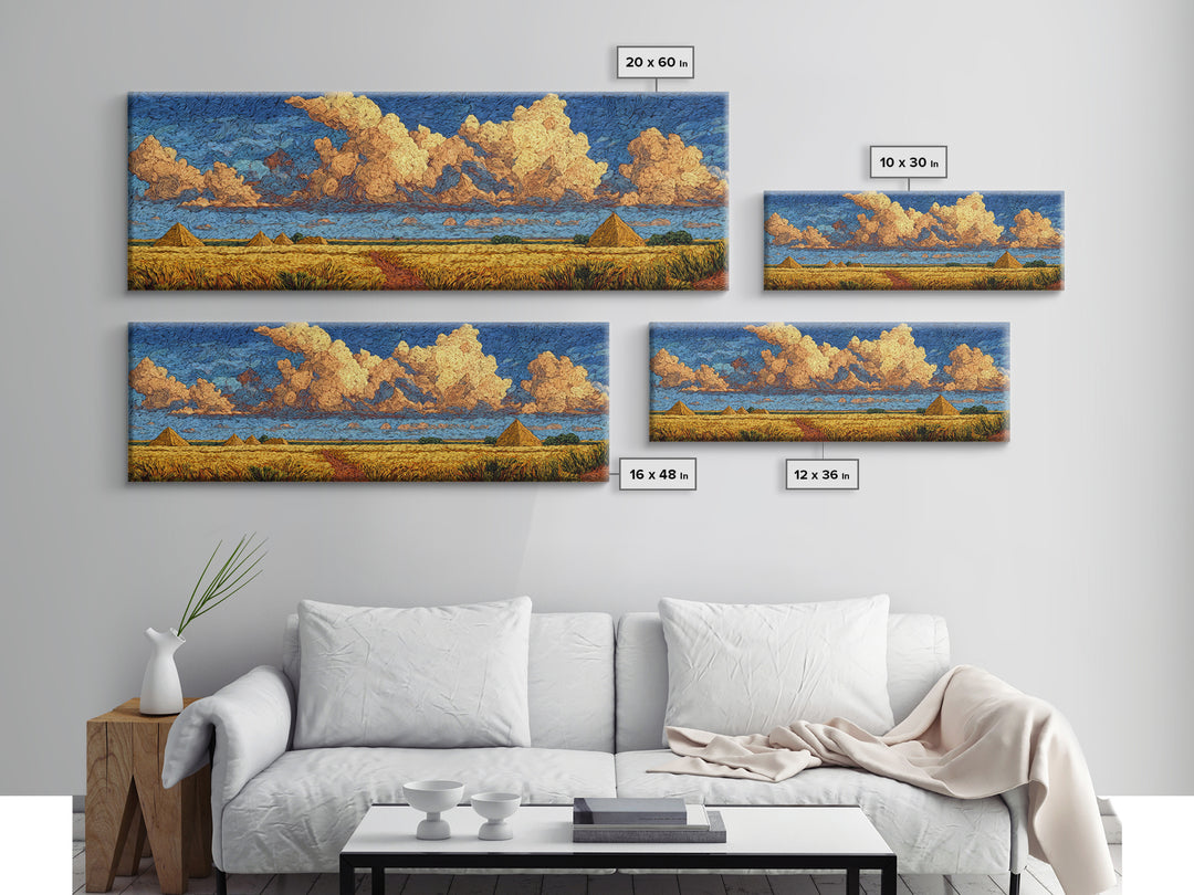 Golden Pyramids Under Textured Clouds Framed Canvas Print, African Egyptian Art, African Landscape, Blue And Gold Canvas, Decor