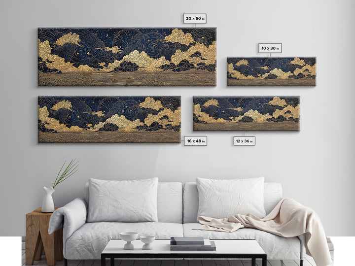 Gold Line Celestial Clouds Over Water Wall Art, African Abstract, Spiritual Wall Art, Mystical Wall Art, Black And Gold Art Decor