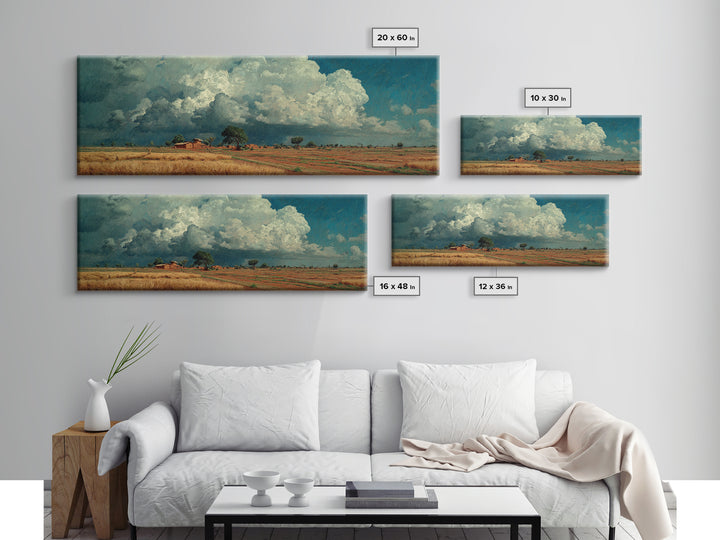 Rustic Farmhouse Beneath Towering Clouds Canvas Print, African Landscape, Earth Tone Wall Art, Nature Scene Art, Home Decor