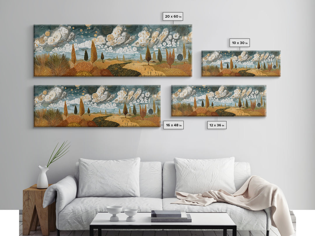 Golden African Savanna Hills Wall Art, Abstract Storm Cloud Landscape, Earth Tone Canvas Decor, Boho Living Room Art Print