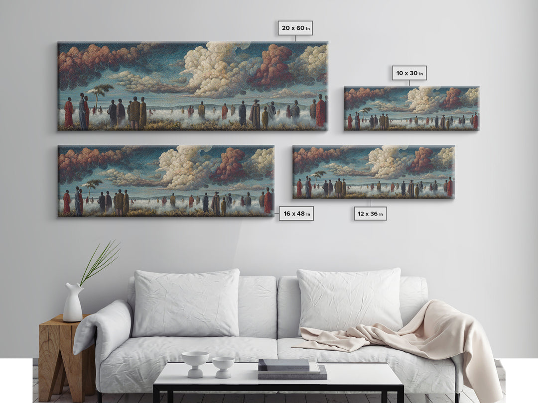 Misty African Gathering Wall Art, Dramatic Cloud Lake Landscape, Afrocentric Canvas Decor, Cultural Living Room Print Gift